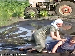 Grandmas wrestle in the mud